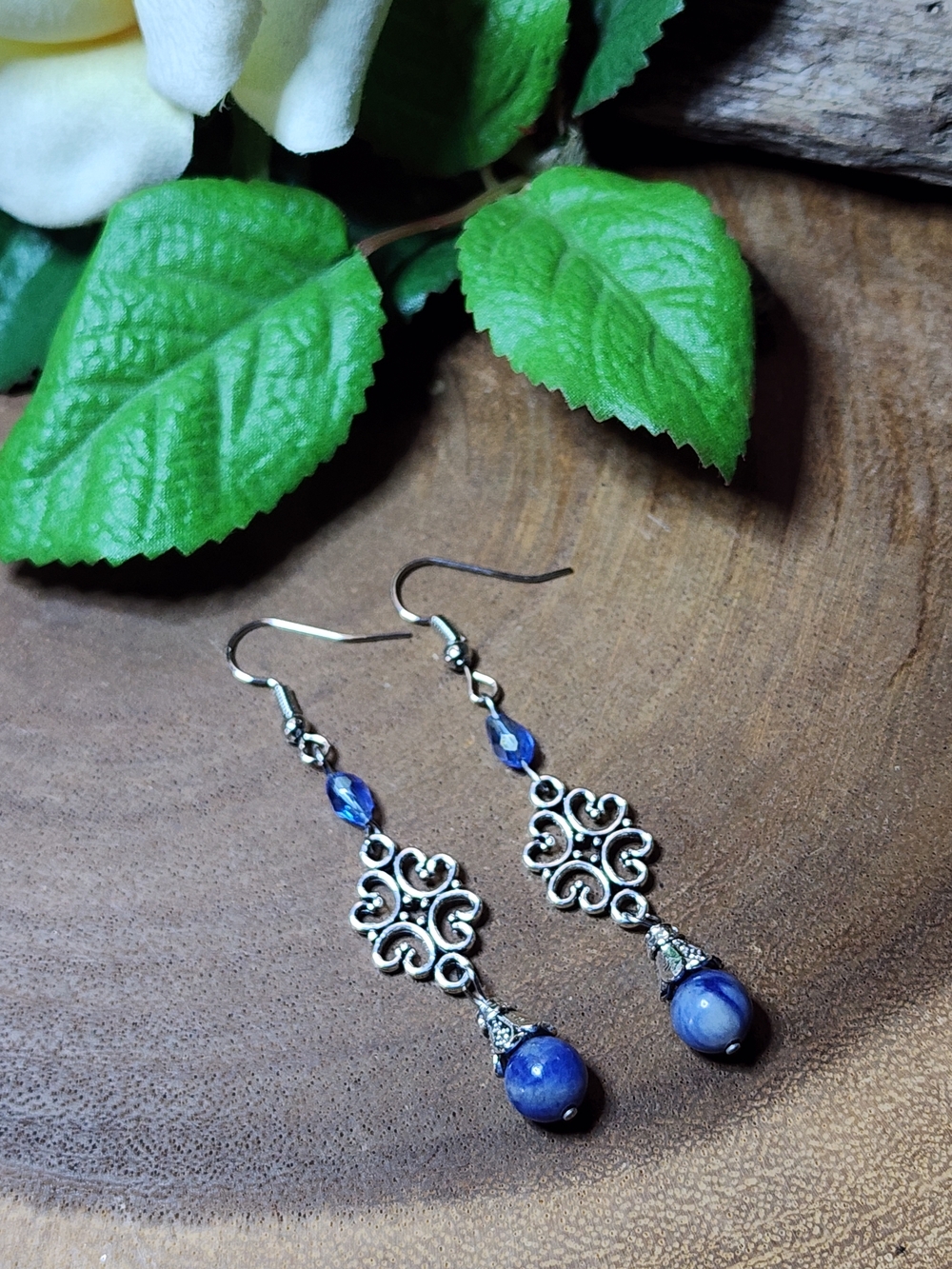 Handcrafted Drop Earrings With Crystal Glass And Blue Stone Beads